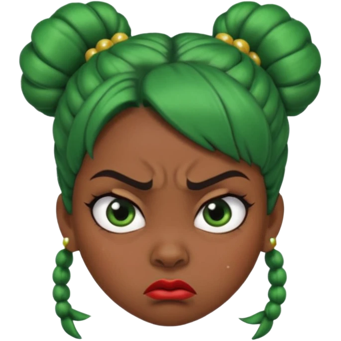 Create a 3D cartoon-style girl character with dark skin, round face, angry expression, big wide eyes, and tightly styled double buns made of green beaded hair. The girl should look irritated, eyebrows sharply angled, and lips pressed in a frown. emoji