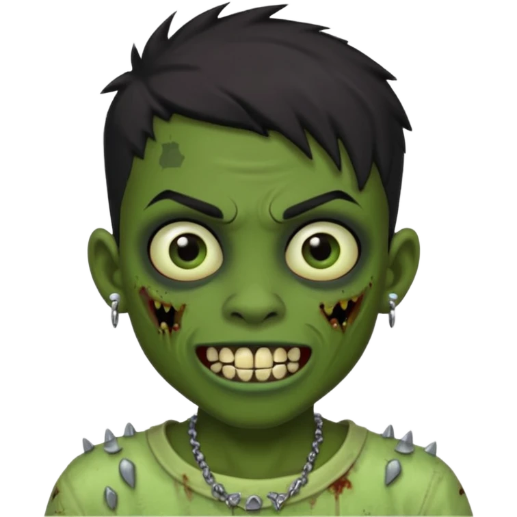 Make a boy zombie dark skin and short black 4c hair, showing a studded grillz teeth with a earing emoji