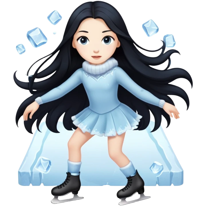 pale girl with long black hair ice skating emoji