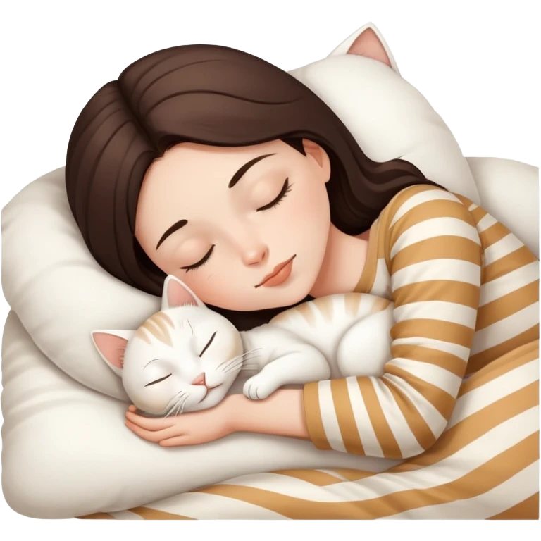 Brunette girl sleeping with white cat with beige stripes emoji