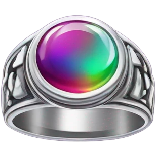 A highly detailed, close-up digital sticker of a 90s Y2K-style mood ring, featuring a chunky silver band with intricate engravings. emoji