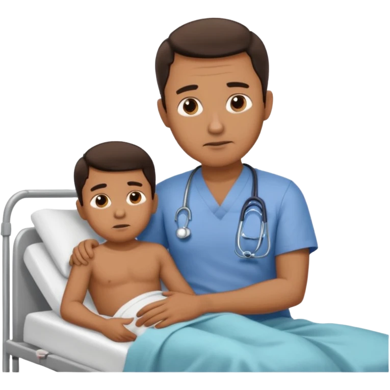 father sitting next to the hospital bed of son emoji
