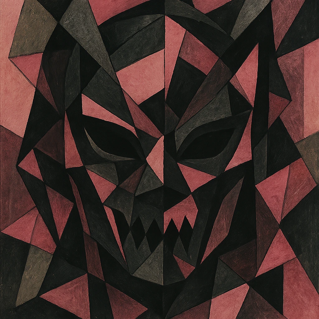 BLACKPINK-inspired gothic mask, no hearts, fragmented and dramatic, black and pink emoji