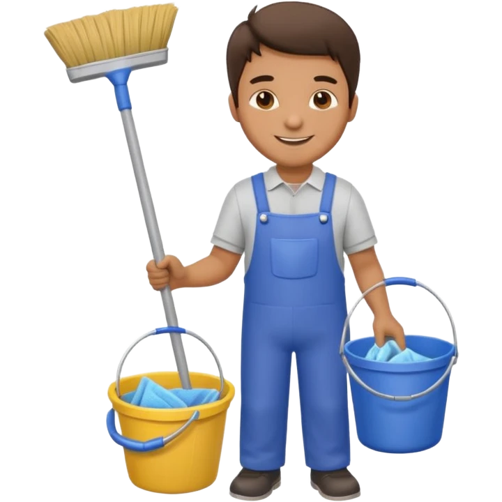 man in cleaning clothes, holding a broom and a bucket emoji