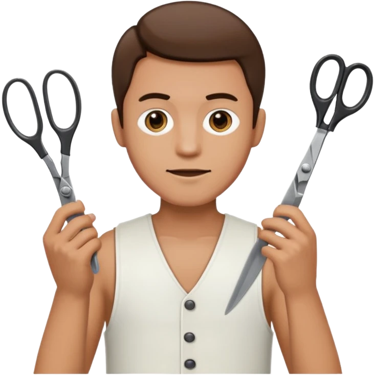 A man in a white vest with a pair of scissors emoji