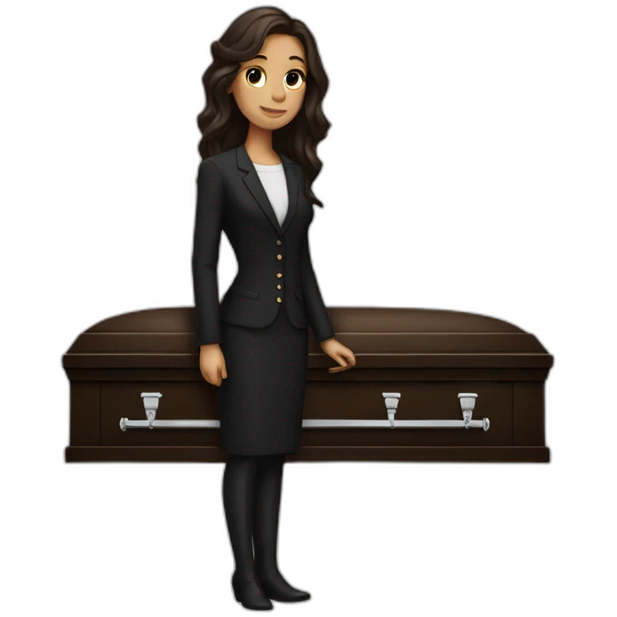 brunette standing next to a coffin emoji