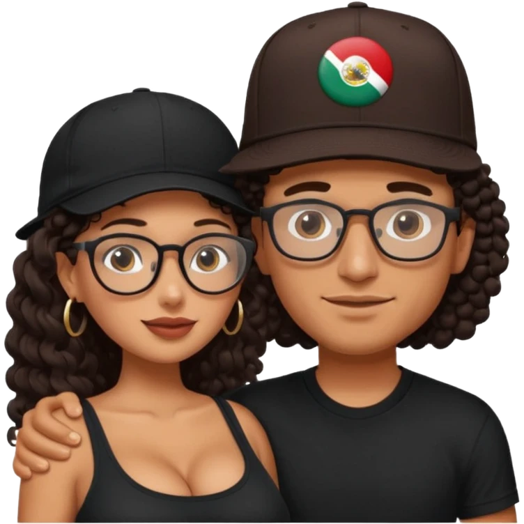 A picture of an embracing tanned couple. the man is a Mexican man with tanned skin, with a bald hair cut wearing a SnapBack hat and a black shirt. the woman has glasses on with long curly dark brown hair and with big boobs.  emoji