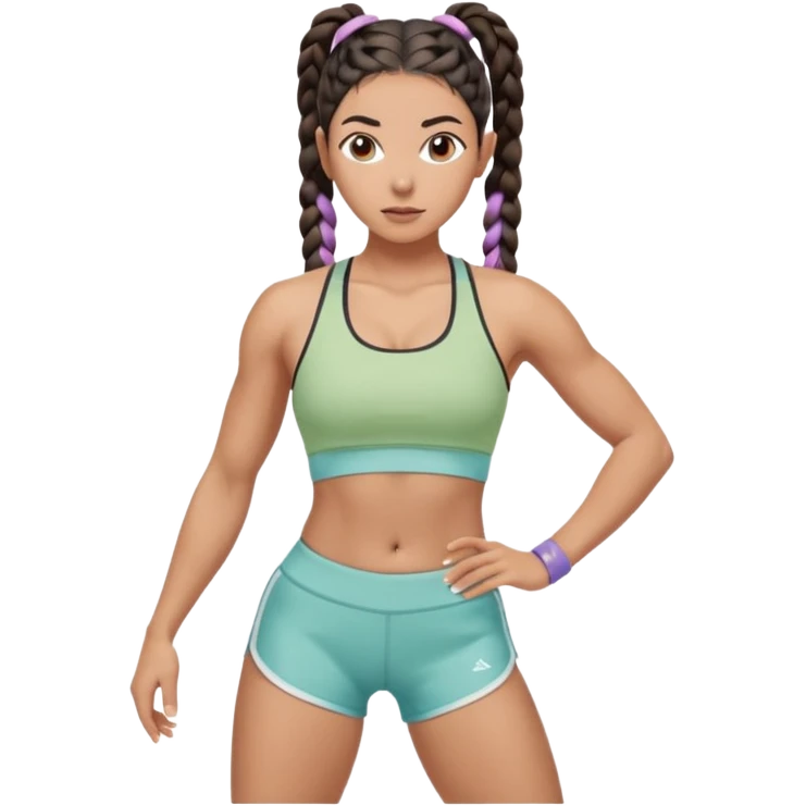 Athletic woman mid upper-body stretch, lean toned physique, defined legs and core, wearing a pastel sports bra and high-waisted patterned workout shorts, dark hair in two braids black hair olive skin, focused expression, natural lighting emoji