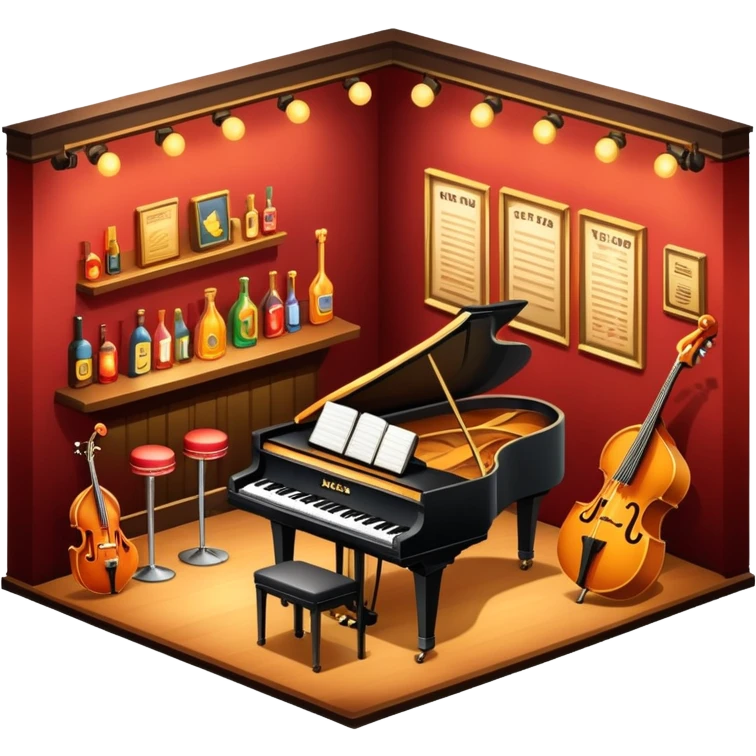inside a jazz club, bar, stage, and jazz instruments, warm lighting emoji