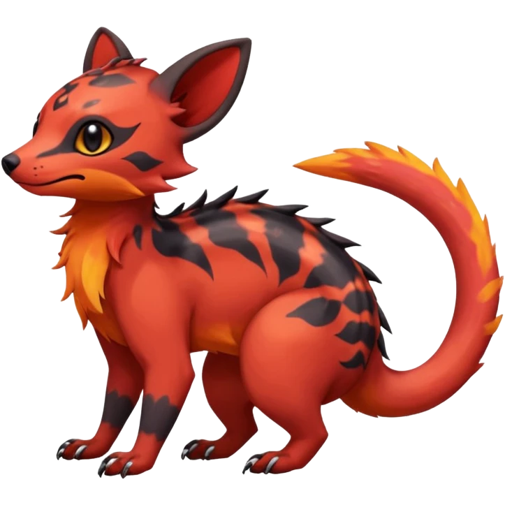 Rare tropical warm-colored exotic cute epic aesthetic colorful Salandit-Eevee-Civet-species-Fakemon-hybrid-creature, with wild fiery markings, full body emoji