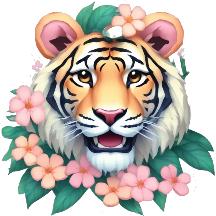 Pixel art of a pixel pink peach beige blue cream pastel pixel tiger pixel lion wearing tropical flowers and leaves, flower crown, floral, pixel emoji