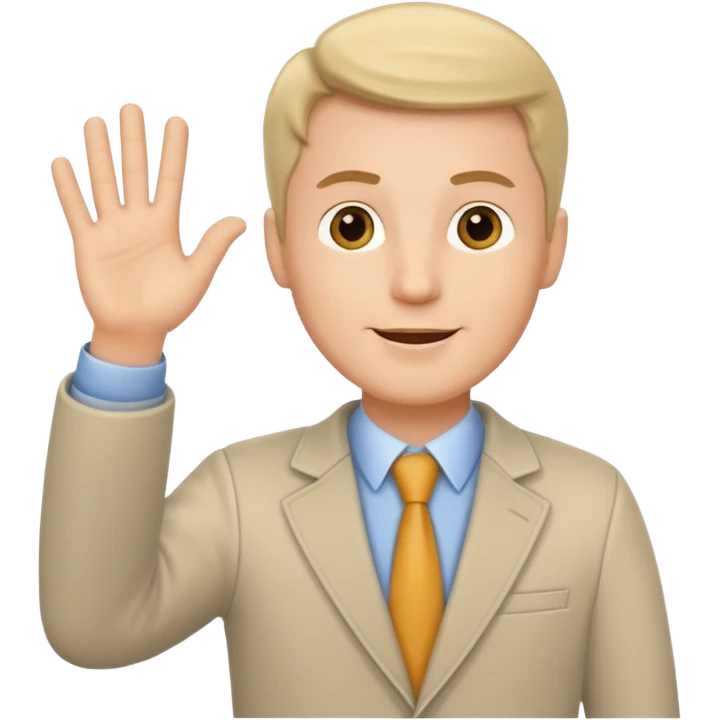 A white man in ordinary clothes stands and waves his hand in greeting. emoji