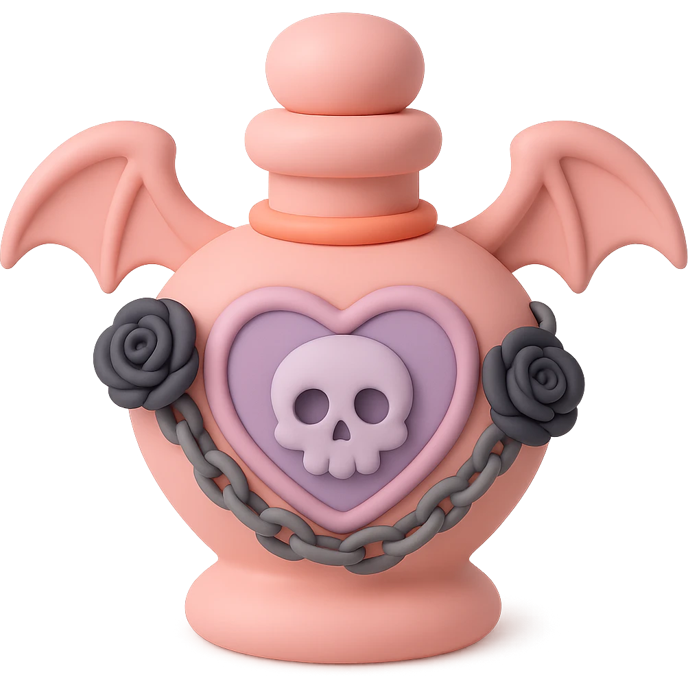 Create a mochi style pink goth potion bottle, with dark roses and a silver chain. Keep the soft and cute gothic look, no background. emoji