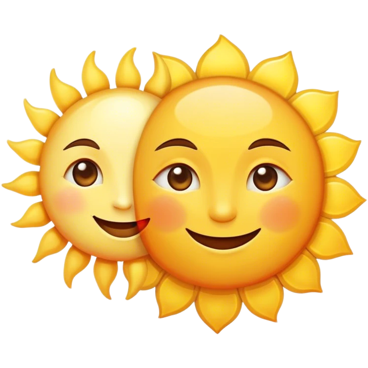 a really bright  big sun and a small moon who shines because of it. the sun is bigger and the tiny \moon bright too beside it smiling looking at each other emoji