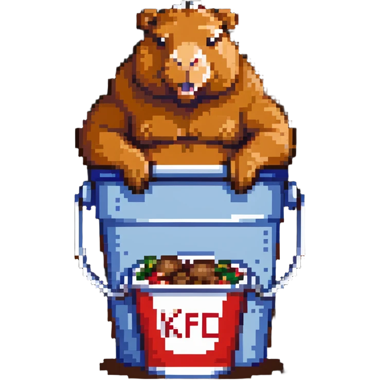 Buff capybara with huge muscles sitting in a KFC bucket emoji