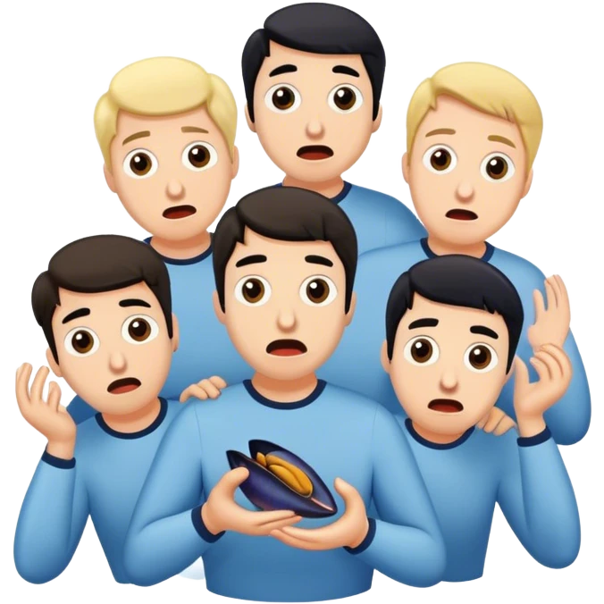 five friends in panic , they hold a a mussel emoji