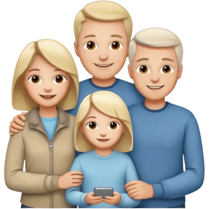 white family emoji: parents on each side of their child, smiling, warm, casual modern outfits emoji