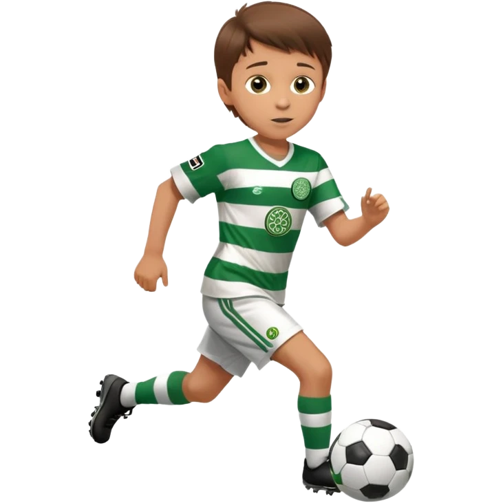 Celtic footballer jersey logo  6 years old brown hair white boy , brown eyes , stripes uniform , RUNNING  with soccer ball # 17 celtic football logo PUT ONLY ONE LOGO emoji