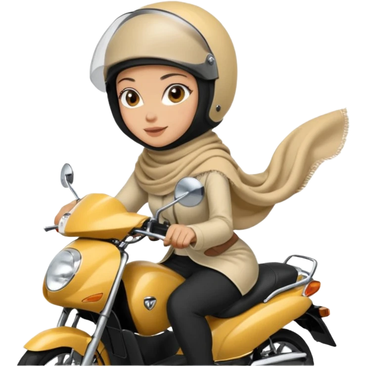 A woman wearing a cream colored pashmina hijab riding a motorbike pcx emoji