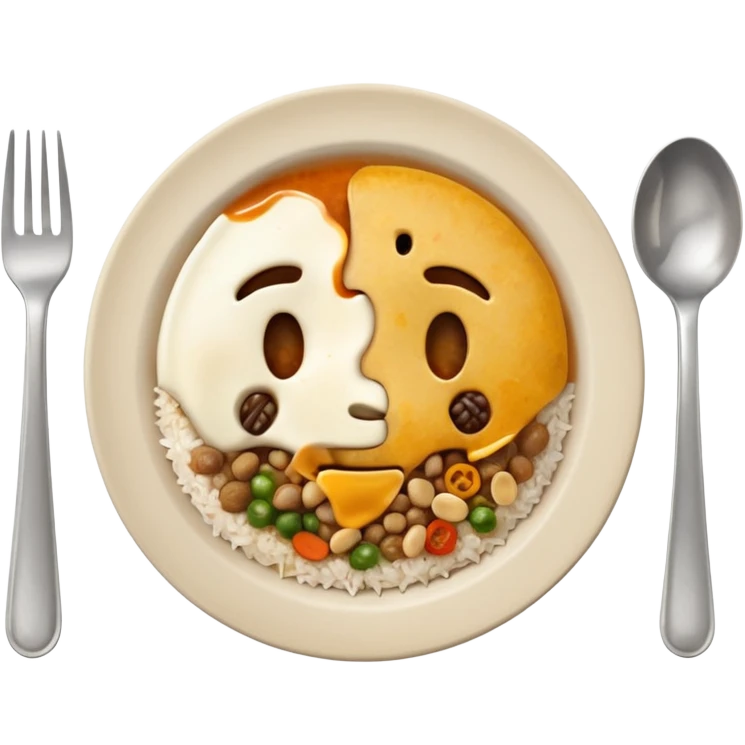 3D emoji of a dirty plate after eating, leftover food scraps, vegetable pieces, rice grains, sauce stains on the plate, fork and spoon placed beside the plate, no face, no character, no human features, realistic food leftovers, clean and simple background, soft lighting, high quality, emoji style emoji