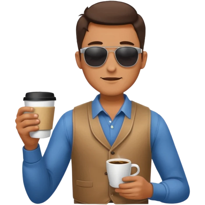 Man in vest, holding coffee, wearing sunglasses emoji