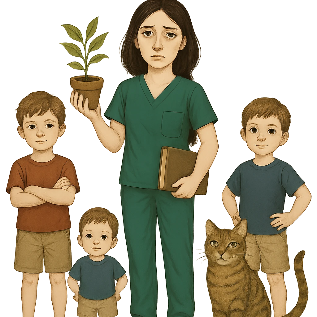 Edit the image to add two boys. The woman should be wearing Kelly green scrubs, with longer and darker hair. She should be holding a plant in one hand and a book in the other. Include a cat nearby. She has pale skin, gray eyes, and a tired expression. Remove the background entirely. emoji