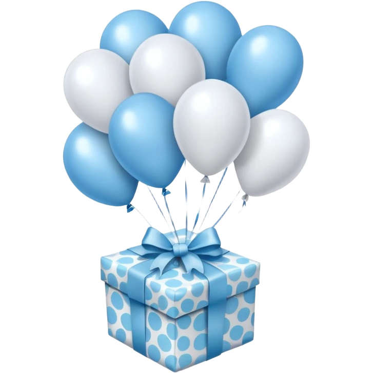 Please make light blue and white balloons too, make several and tie them to a gift, the gifts with the most balloons, make the light blue and white balloons emoji