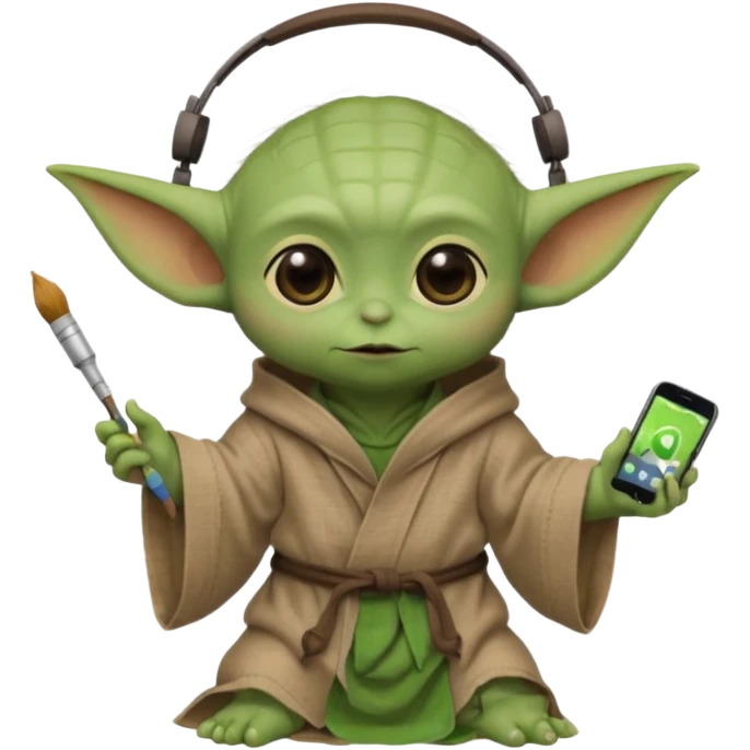 Full-body image of Baby Yoda in his brown linen robes using headphones while painting a picture emoji