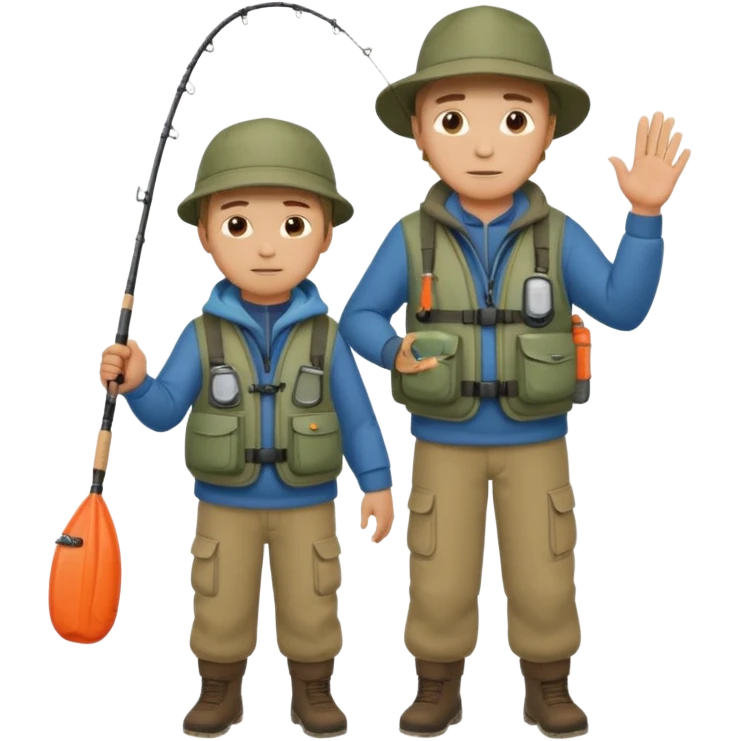Father and son in fishing gear gesturing that they are cold, full body emoji
