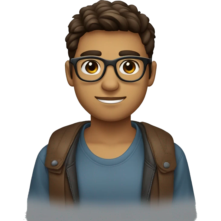 chico joven de 18 años con gafas pelo castaño corto con degradado con ojos marrones y piel un poco moreno y gafas de color azul y negro emoji