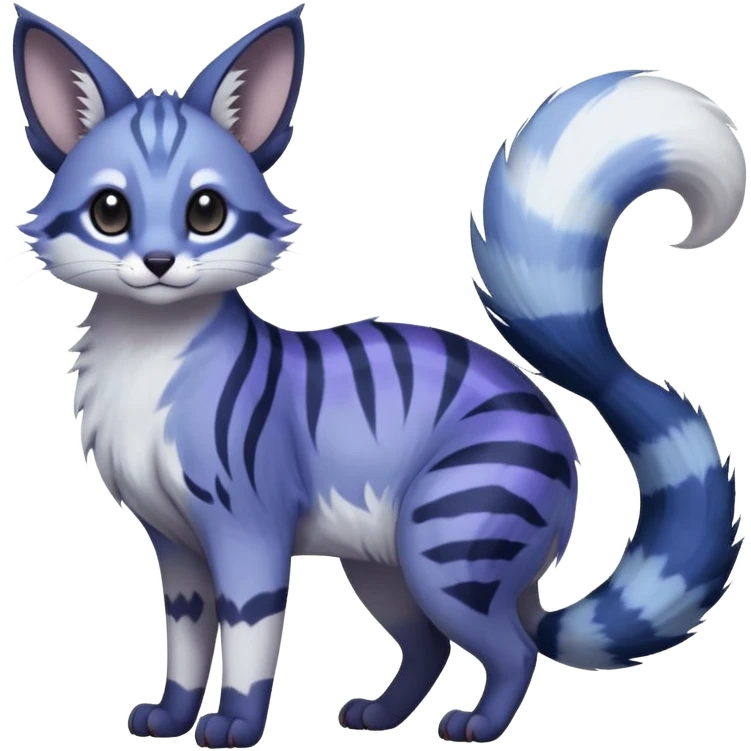  dull-colored gloomy-dark-deep-grayish-indigo-violet-gradients ghostly spectral spooky fur with random dark markings beautiful elegant pretty precious cute  Fakémon-Pokémon-opossum-feline-serval-caracal-chinchilla-Minccino-hybrid-creature with a big fluffy bushy striped tail (full body) emoji