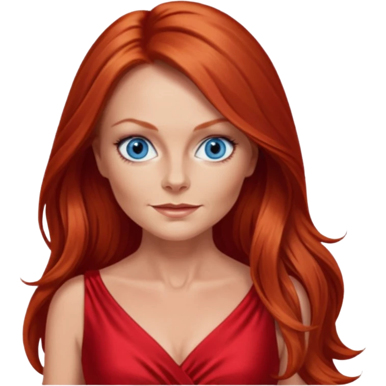 Geri Halliwel with long red hair, blue eyes, red outfit emoji