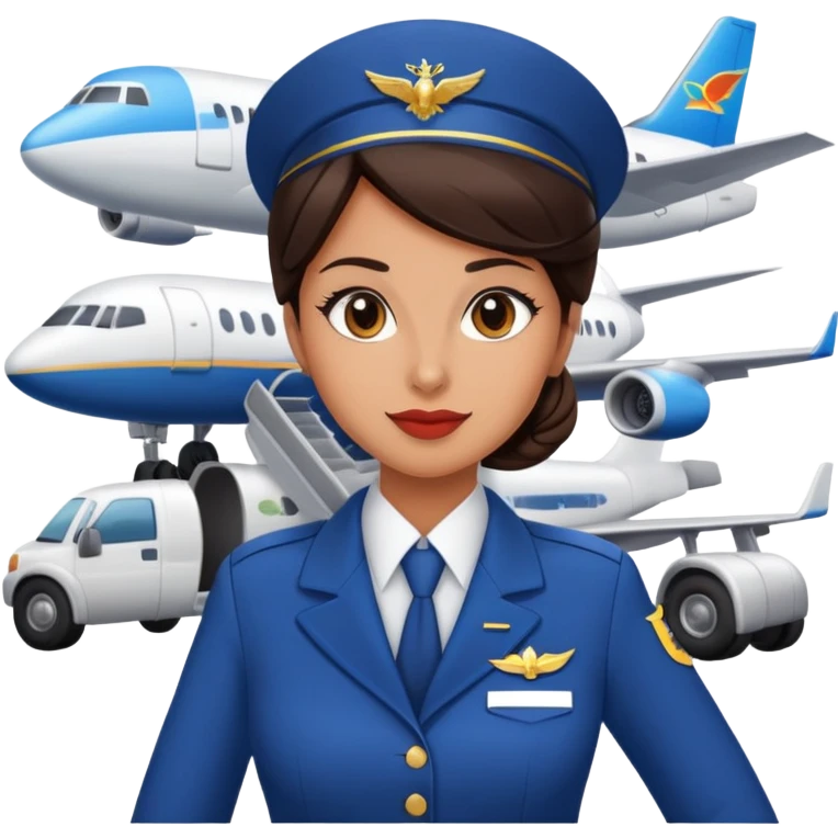 Brunette flight attendant in front of a plane emoji