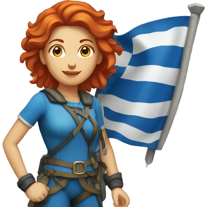 a red hair female mountaineer summitting with greek flag emoji