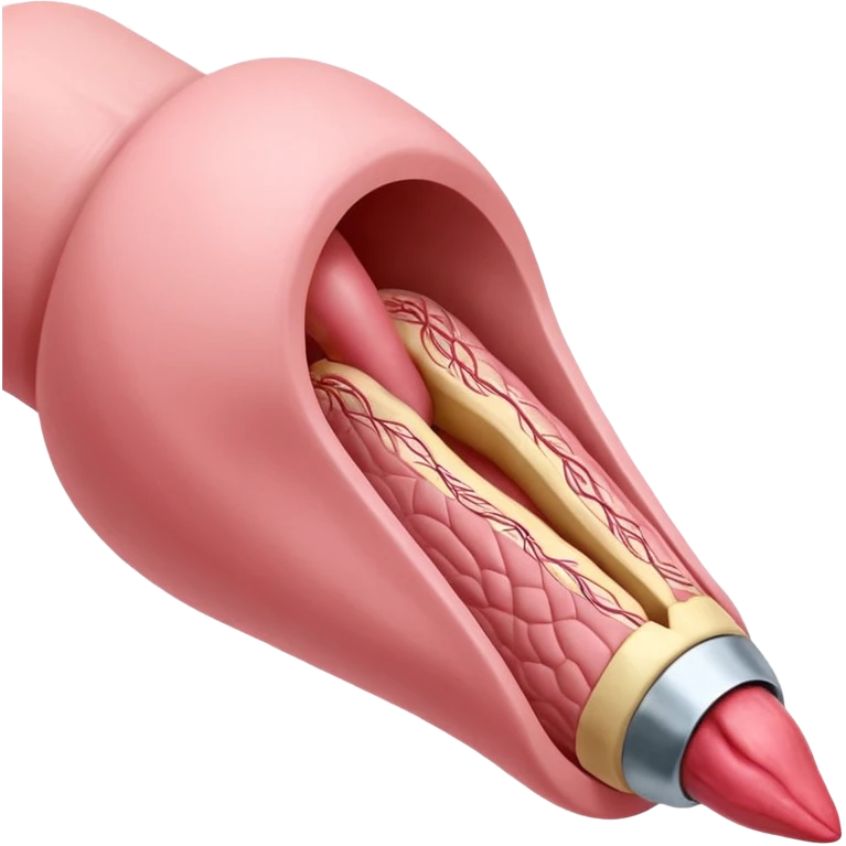 Un primer plano extremo, , de la unión sexual. Detalles anatómicos explícitos. Un pene erecto, con venas prominentes y la glande rosada, penetrando una vagina. Los labios mayores y menores de la vagina son visibles, estirados alrededor del eje del pene. emoji