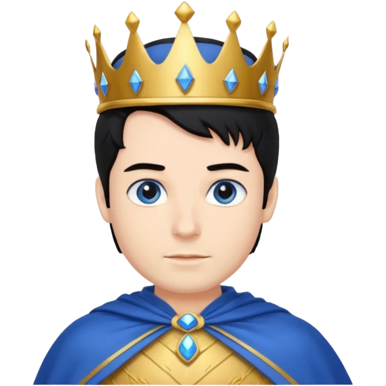 Prince with crown, blue cape and trousers, body and legs, black hair, blue eyes,  emoji