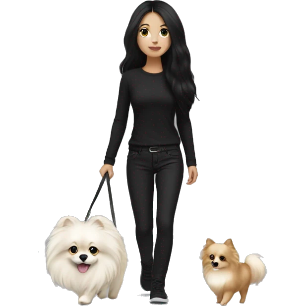 pale girl with long black hair wearing black pants walking with pomeranian emoji