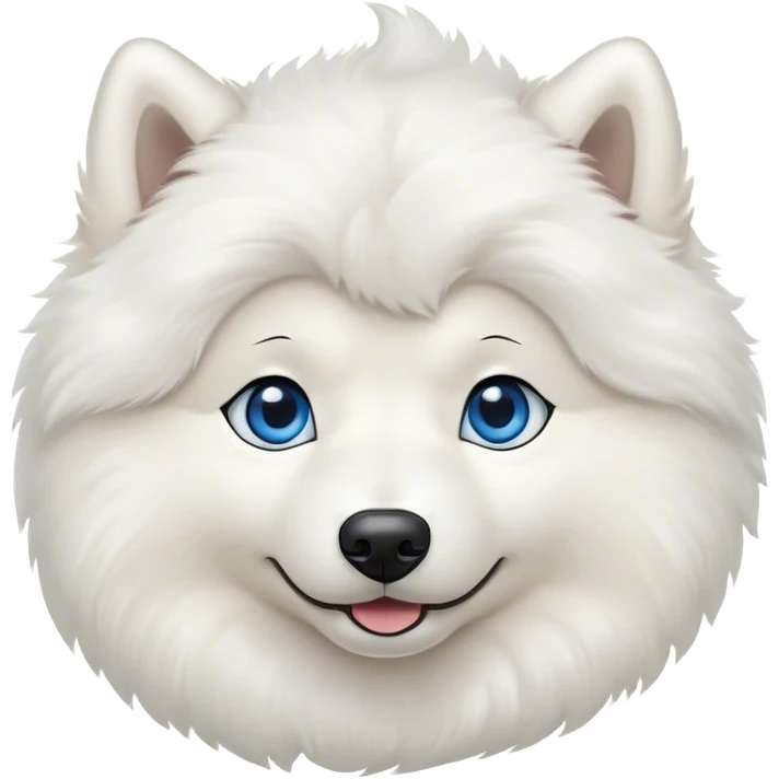 Cinematic Cute Samoyed Portrait Emoji, Head tilted playfully and inquisitively, featuring a fluffy, pristine white Fur with a natural sheen, round, sparkling blue eyes filled with curiosity, Simplified yet irresistibly adorable features, highly detailed, glowing with a warm, friendly glow, high shine, affectionate and lively, stylized with a touch of whimsy, bright and endearing, soft glowing outline, capturing the essence of a mischievous yet loving companion, so playful it feels like it could frolic out of the screen and into your arms! emoji
