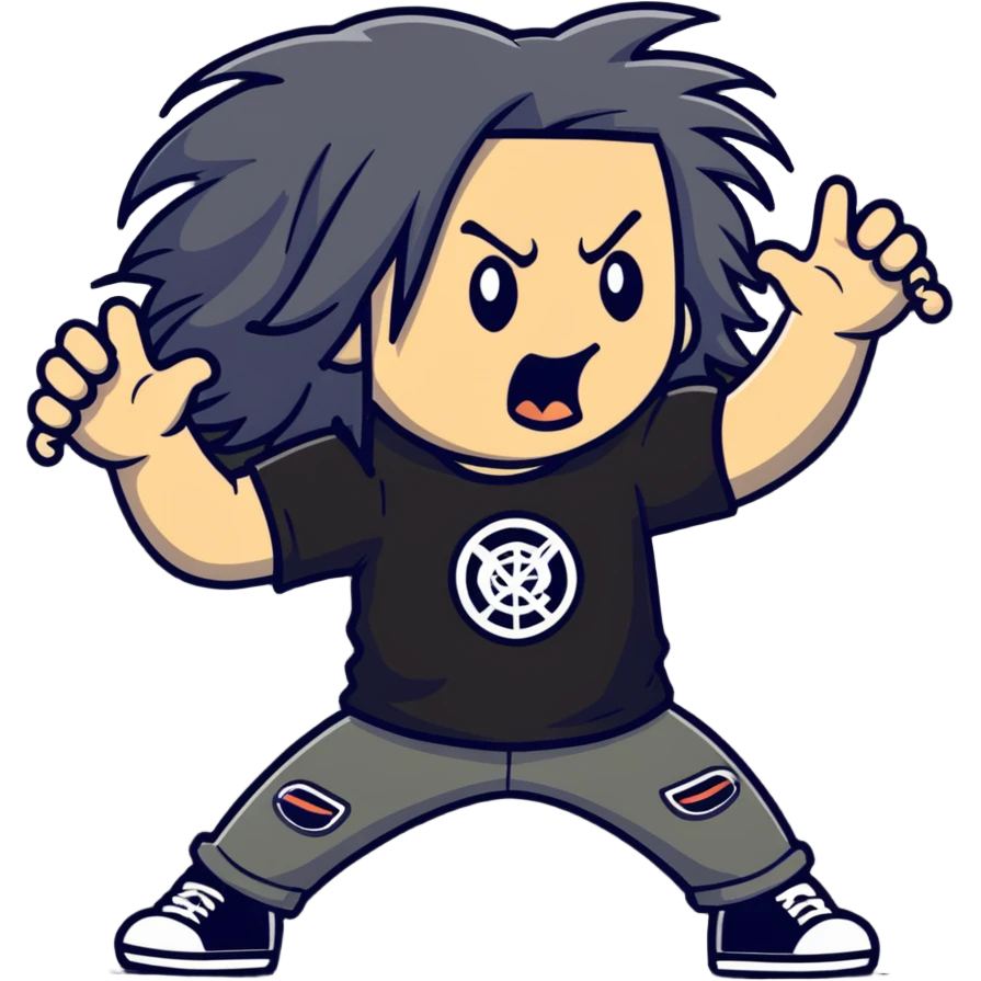 A metalhead headbanging with long hair, wearing a rock band t-shirt, excited expression emoji