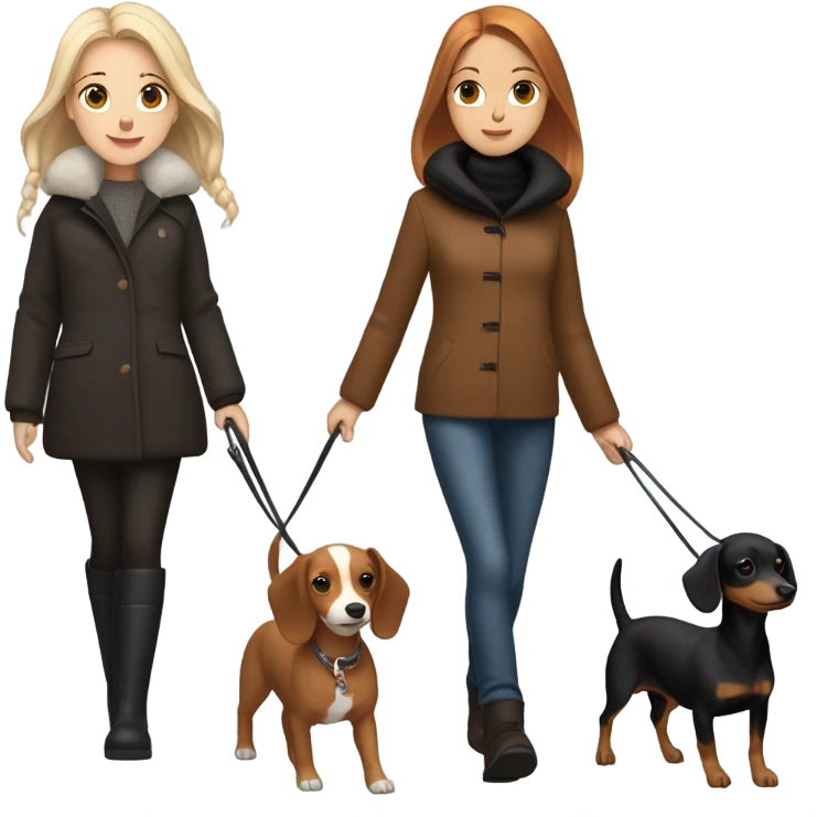 Two girls in winter coats walking- one with white skin black hair and the other with white skin and copper blonde hair with a brown and black dashedhound and the other with brown chihuahua  emoji