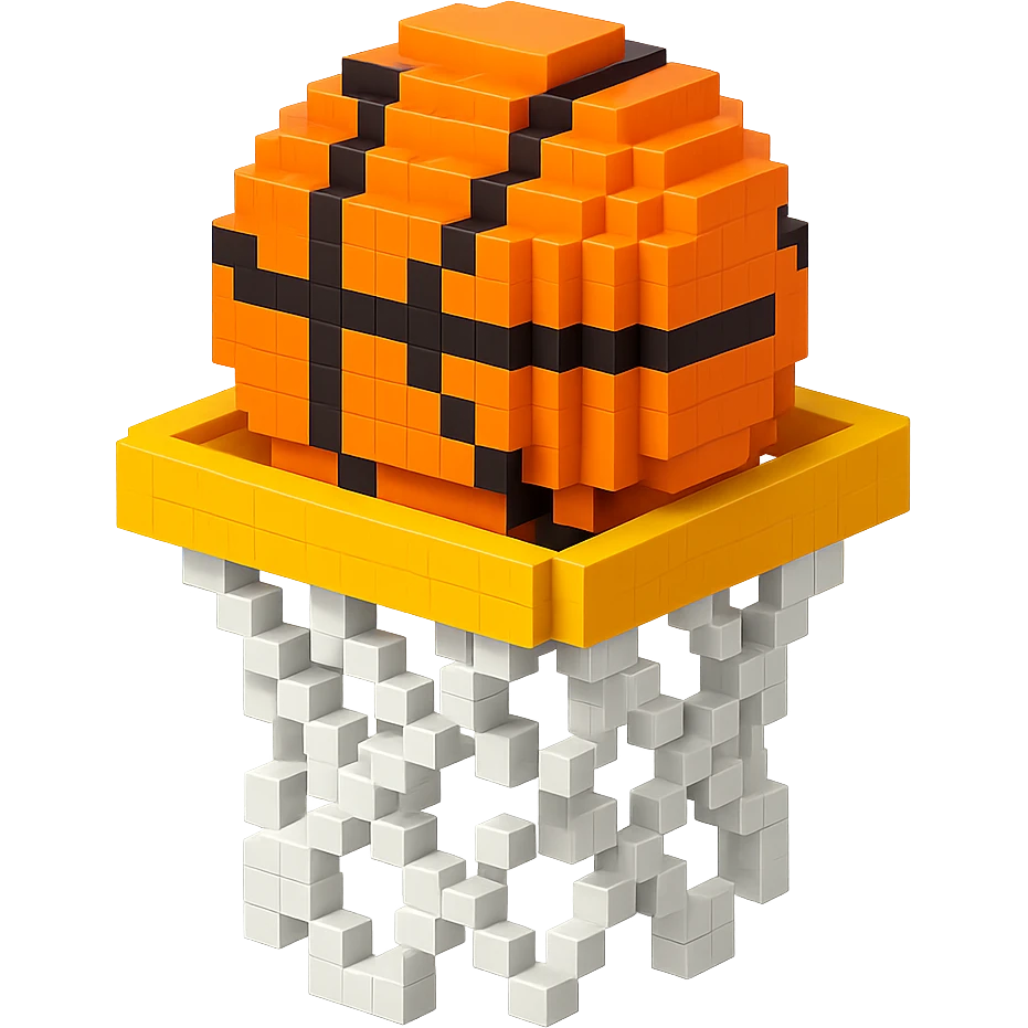 Voxel-style basketball in a net, no background, variation 1. emoji