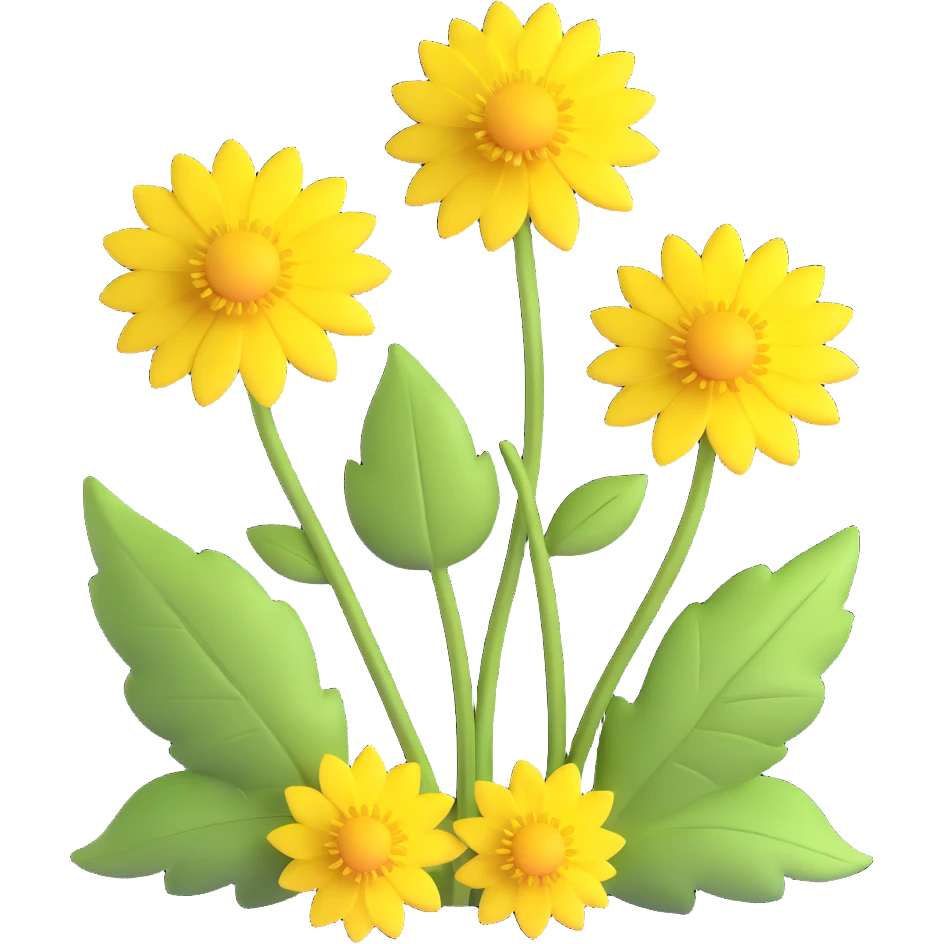 Create a 3D illustration of two dandelions in iOS Apple emoji style, featuring voluminous yellow flowers and green leaves, on a transparent background. emoji