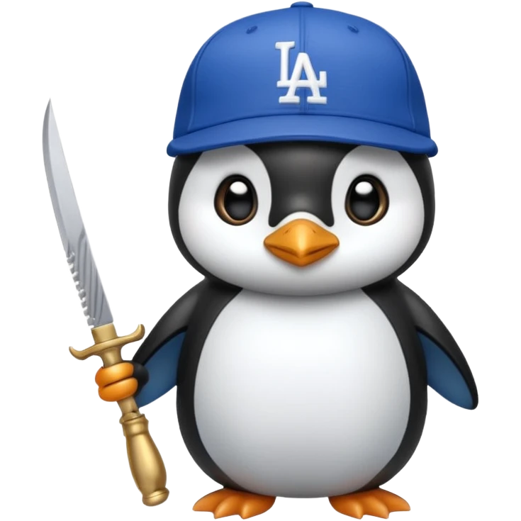 Cute penguin wearing like a cholo with blue Angeles dodgers cap  and holding a knife  emoji