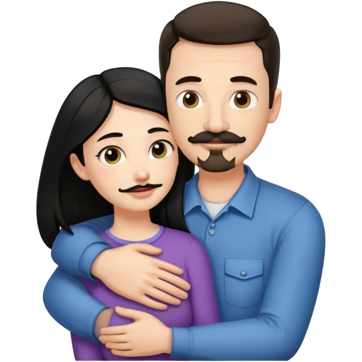 Tall white man with thin dark brown hair mustache and goatee, hugging a short pale woman with long black hair emoji