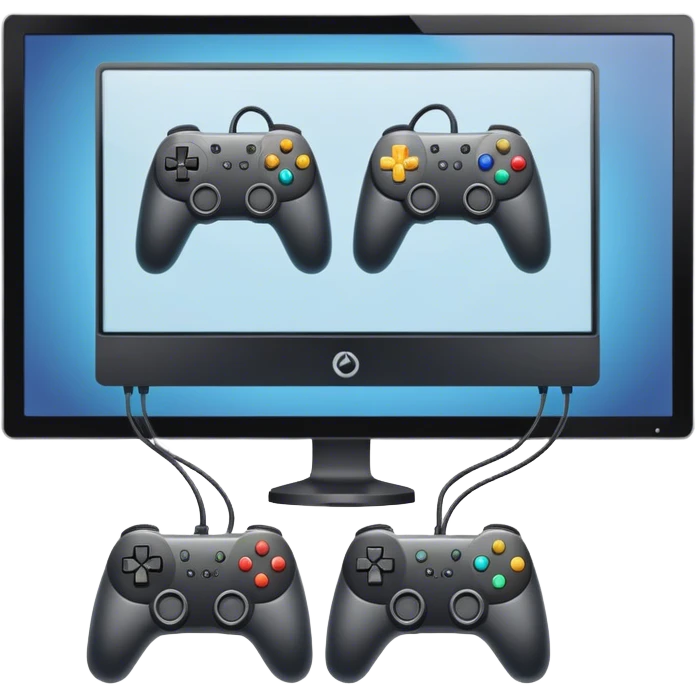 An icon showing two monitors with gaming interfaces, connected by a wire. Each monitor displays a different game screen, with two gamepads placed nearby, symbolizing multiplayer gameplay. transparent background. emoji
