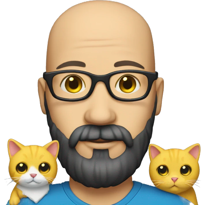 A bald man with glasses and black beard holding a yellow cat emoji