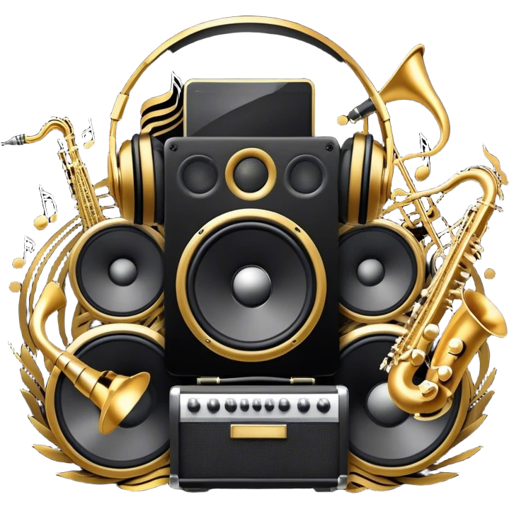 Icon for R&B Music Listening: large concert speakers and headphones with waves of musical notes coming out, along with drum kit, and synthesizer, saxophone and bass guitar. The icon should convey the energetic and rhythmic vibe of R&B music. Transparent background. emoji