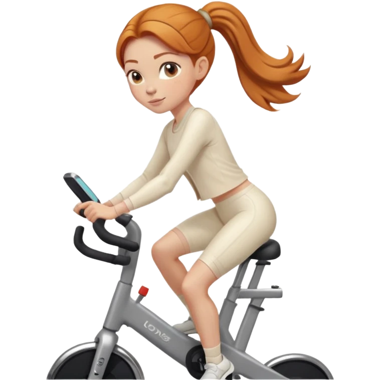 Ginger girl clean girl sleek bun low bun hairdo middle part riding stationary bike cream outfit emoji