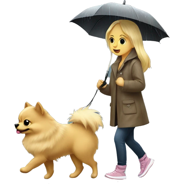 Blonde girl walking little pomeranian under the rain emoji