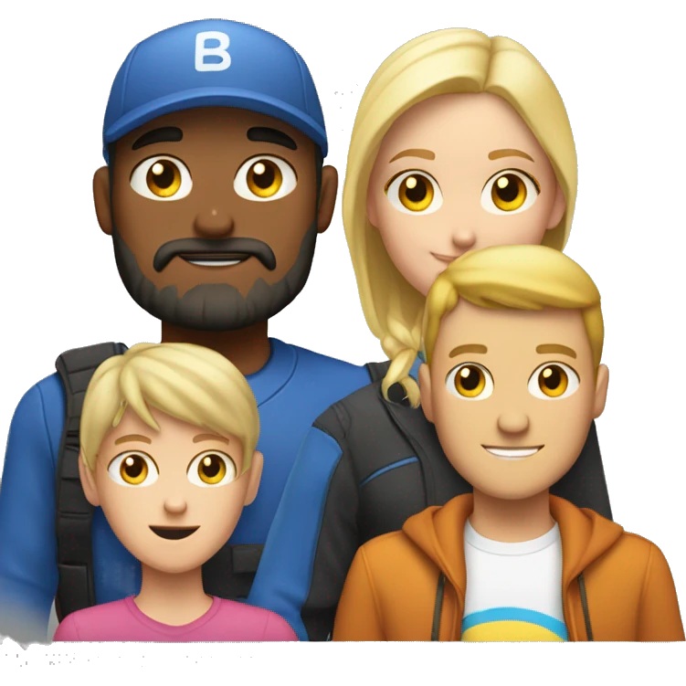 one white dad with a beard and cap, with one latino teen boy with cap and one teen white blond girl emoji